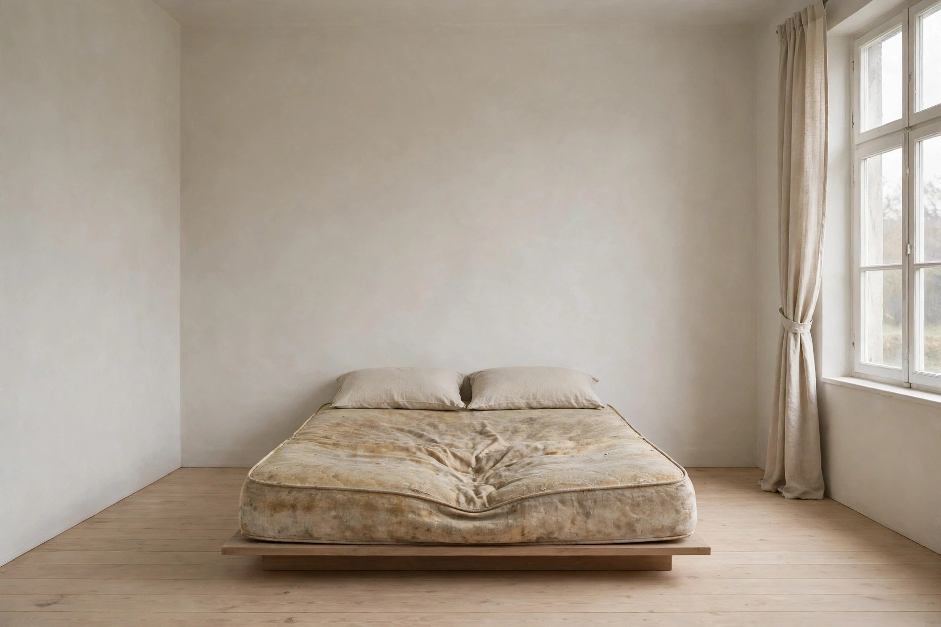 Same bedroom with a sagging stained old mattress